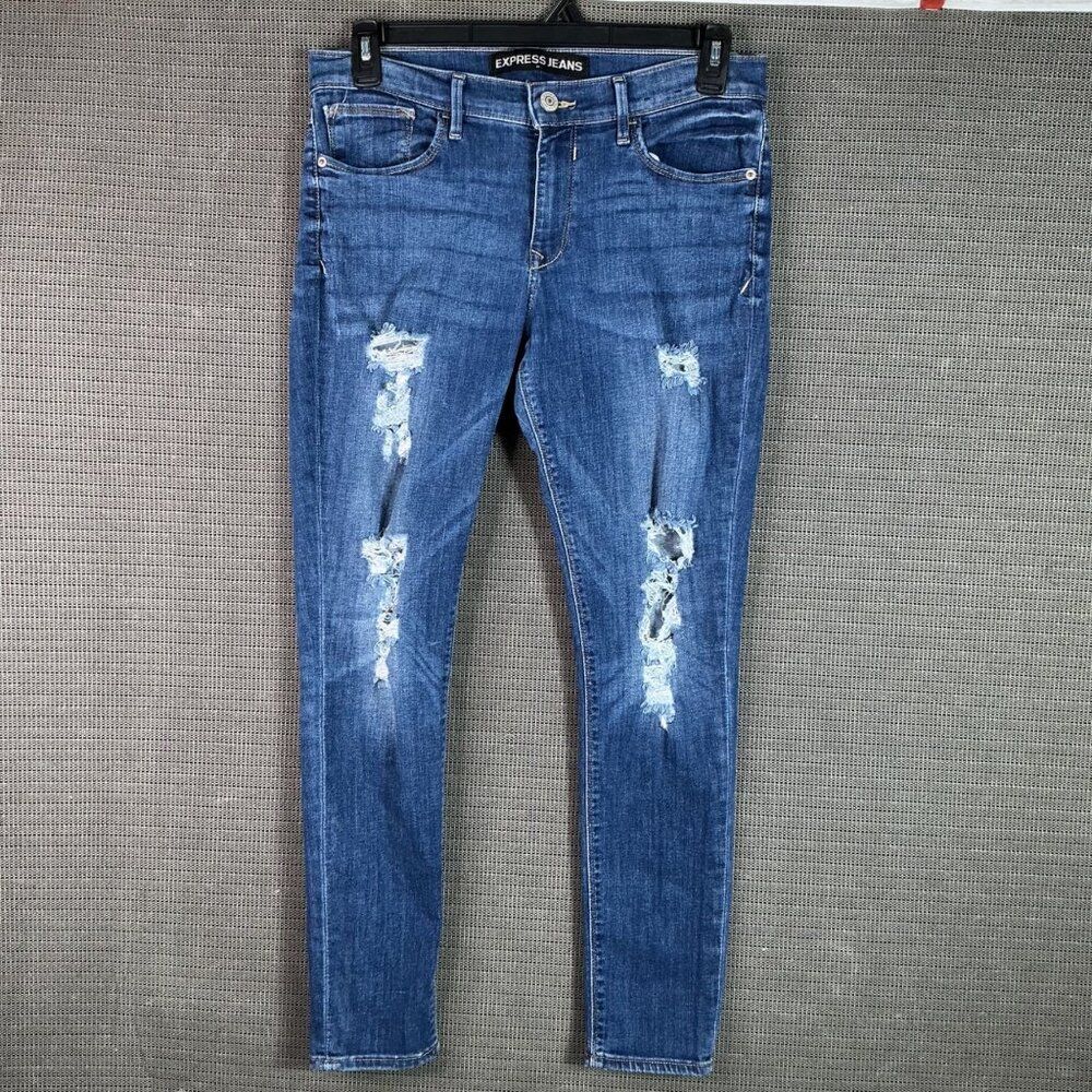 Express Womens Size 10/10R Blue Mid Rise Distressed Skinny Legging Denim Jeans